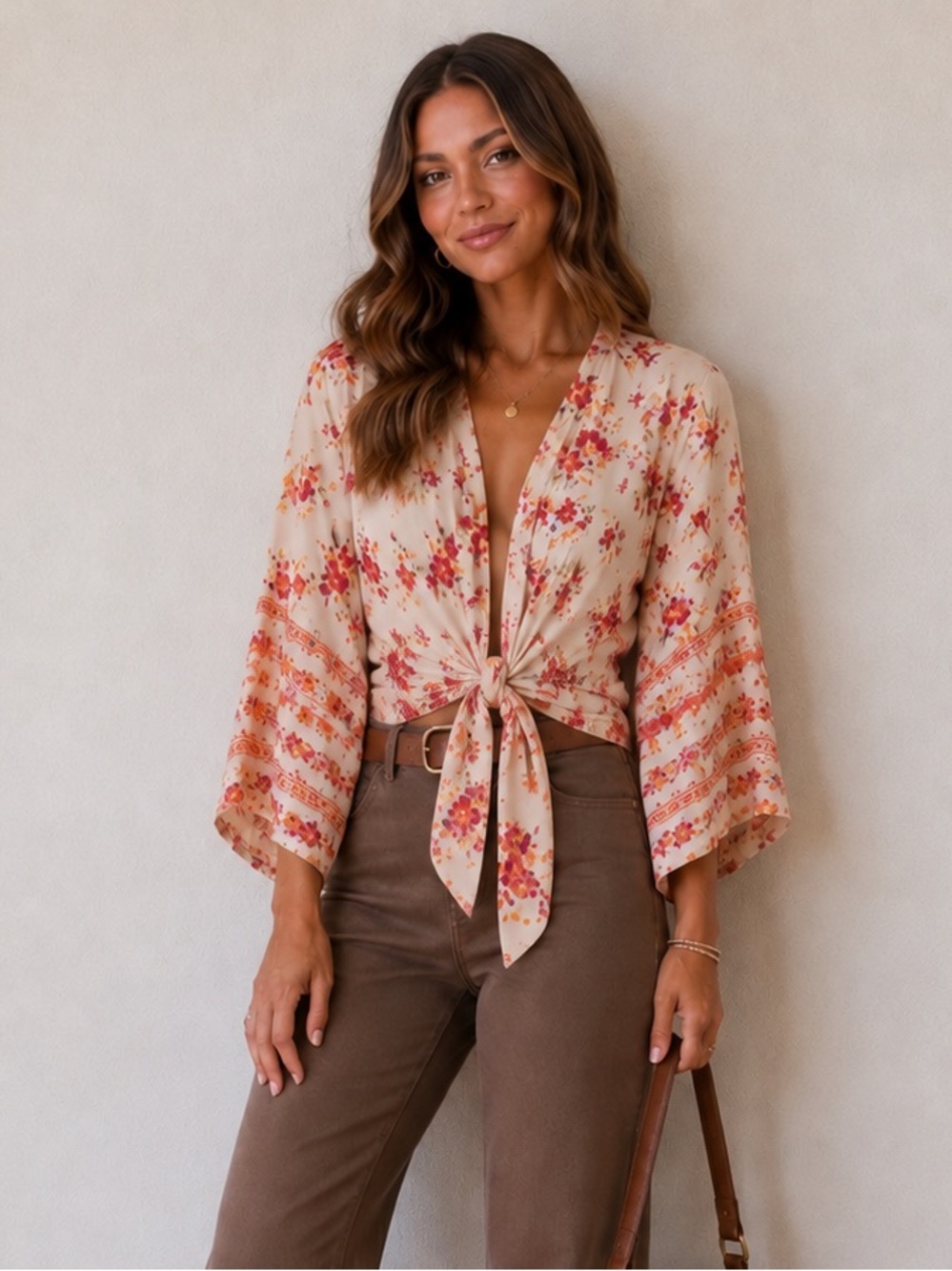 Cato Floral Front Tie Cardigan Top Bell Sleeve Boho Blouse Fall Size Large 🍁